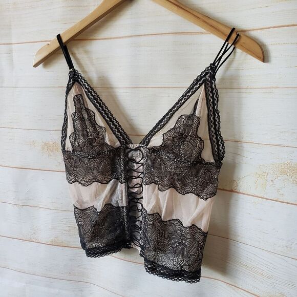 Victoria's Secret Sheer Mesh Floral Lace Up Bustier Corset Black Nude Size Large - Picture 3 of 10